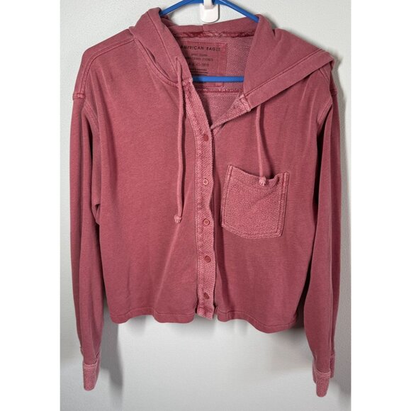 American Eagle Womens Oversized Cropped Hoodie XS Pink Button Up Casual - Picture 1 of 12